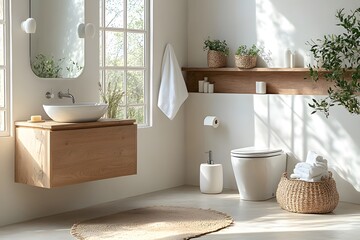 Modern Minimalist Bathroom Design with Wooden Vanity, Wall-Mounted Fixtures, and Natural Decor Elements.