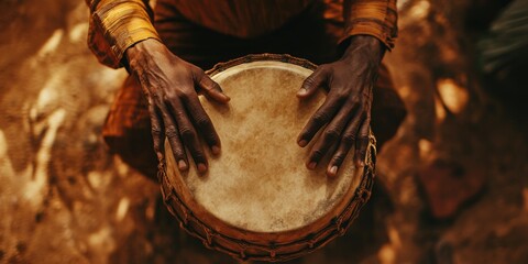 Playing the djembe from a top view perspective captures the rich textures and rhythms created while engaging with the djembe, highlighting its unique shape and vibrant sound.