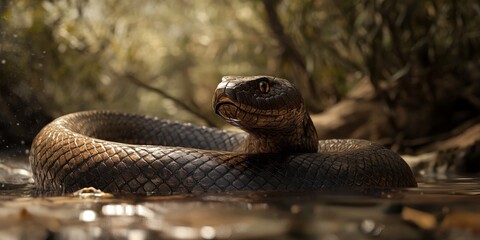 Fototapeta premium Inland Taipan poised in a striking position, showcasing the unique and powerful nature of the Inland Taipan in its natural habitat, ready for action in this captivating moment.