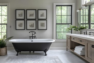 Elegant Bathroom with Vintage Clawfoot Tub, Framed Art, and Natural Light: A Serene and Stylish Space Featuring a Black and White Bathtub, Rustic Wooden Vanity and Indoor Plant.