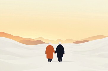 An elderly couple traveling together under the warm glow of the setting sun, enjoying their golden years in a scenic outdoor location. The soft, golden light of the sunset enhances the romantic and pe
