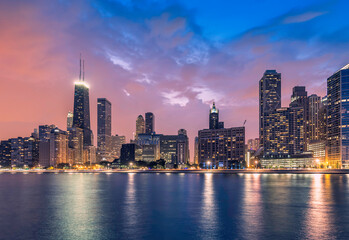 Downtown of Chicago Magnificent Mile at sunset by the Lake Michigan