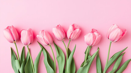 Fototapeta premium Beautiful composition of spring flowers. Bouquet of pink tulips on pastel pink background.