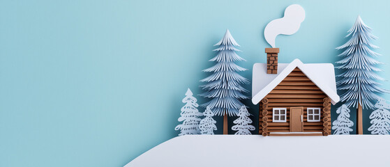 cozy winter cabin made of paper art, surrounded by snowy trees and blue background, evokes warmth and tranquility