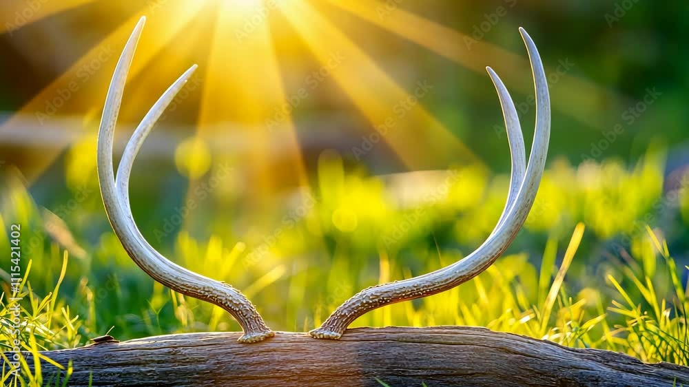 Poster sunlight illuminates a set of antlers resting on a log in a lush green field at dusk