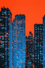 Urban skyline at night with vibrant red and blue lighting effects.