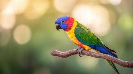 A close up shot of a brightly colored parrot perched on a branch, showcasing its vibrant plumage and exotic beauty.