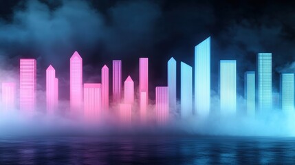 Fototapeta premium A panoramic view of a city skyline illuminated at night, with skyscrapers glowing against the dark sky.