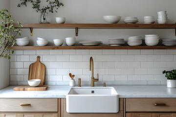 Elegant Farmhouse Kitchen Sink with Brass Faucet and Open Shelving Featuring White Dishware and Wooden Cutting Boards Against a Subway Tile Backsplash.
