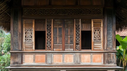 Fototapeta premium Traditional Wooden House with Intricate Carvings and Open Windows