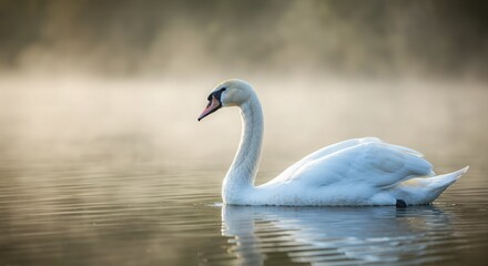 Obraz premium Graceful swan gliding on misty lake during tranquil morning