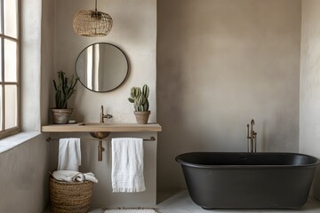 Modern Minimalist Bathroom with Black Freestanding Tub, Round Mirror, and Indoor Plants for a Stylish and Serene Space.
