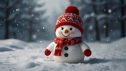 Fototapeta premium a snowman with a red hat and a scarf