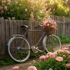 Fototapeta premium Charming Vintage Bicycle by Weathered Fence Surrounded by Blooming Flowers and Sunshine