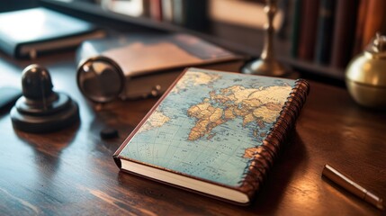 Fototapeta premium Vintage Map Notebook on Desk with Antique Items and Warm Lighting