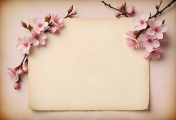 Obraz premium A vintage-style image of a blank paper or parchment with delicate pink blossoms in the background, creating a romantic and ethereal atmosphere