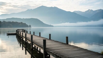 Obraz premium Serene Lakeside Scene with Misty Mountains and Calm Water Reflections