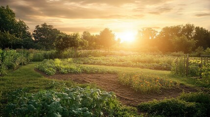 Serene Garden Landscape at Sunset with Lush Green Vegetation