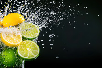 Fresh citrus fruits create vibrant splash in sparkling water, showcasing lemons and limes bursting with flavor and energy. fizzy bubbles add refreshing touch to this lively scene