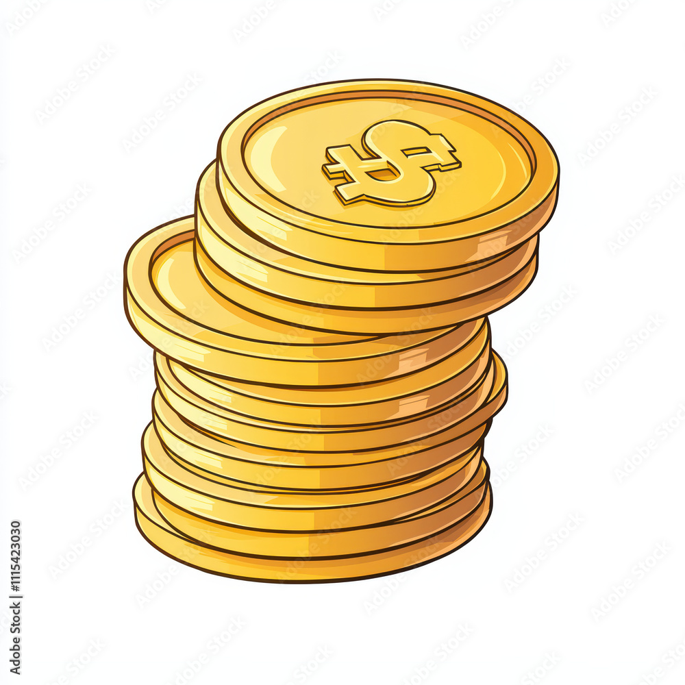 Poster stack of gold coins neatly arranged in piles, symbolizing wealth and prosperity. shiny coins reflect