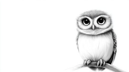 Fototapeta premium ink illustration of a small owl perched on a branch, fine lines, white background