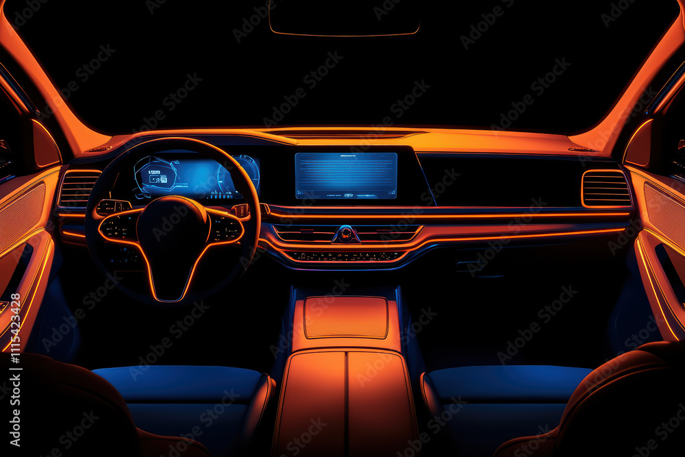 Poster high tech automotive dashboard with illuminated controls and display