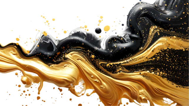 Black, Golden, Silver liquid colour mixed isolated on a transparent background