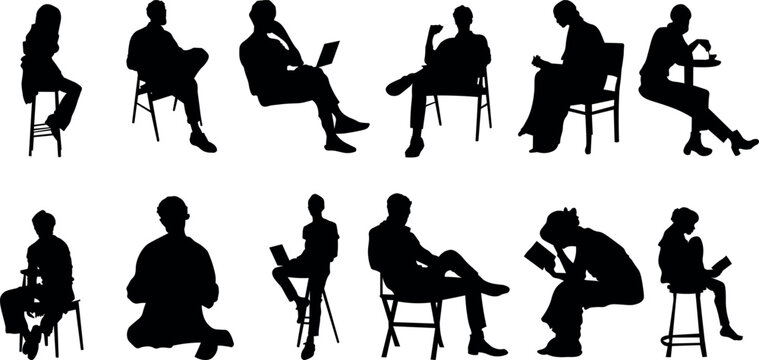 Set of black silhouette illustrations of people seated in various poses, perfect for architectural plans, presentations, and design projects.