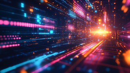 Fototapeta premium Abstract digital landscape with vibrant light trails and data streams.