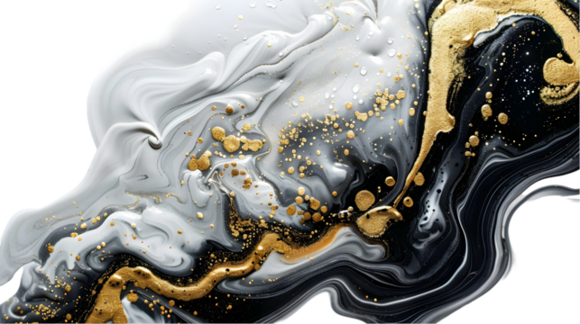 Black, Golden, Silver liquid colour mixed isolated on a transparent background