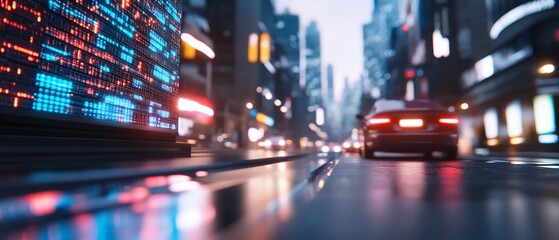 Futuristic city street at night with digital display and car.