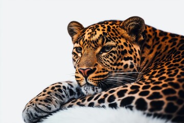 Obraz premium Studio photo of a leopard isolated against a white background. Wildlife and conservation concept, space for copy.