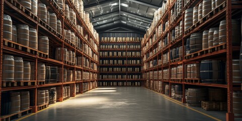 Obraz premium Logistic warehouse featuring multi tier storage with barrels arranged on racks. This logistic warehouse is designed as a secure storehouse for barrels and cisterns, emphasizing efficiency in space