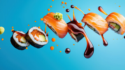 Naklejka premium vibrant explosion of fresh sushi rolls with colorful sauces and toppings, showcasing delightful culinary experience