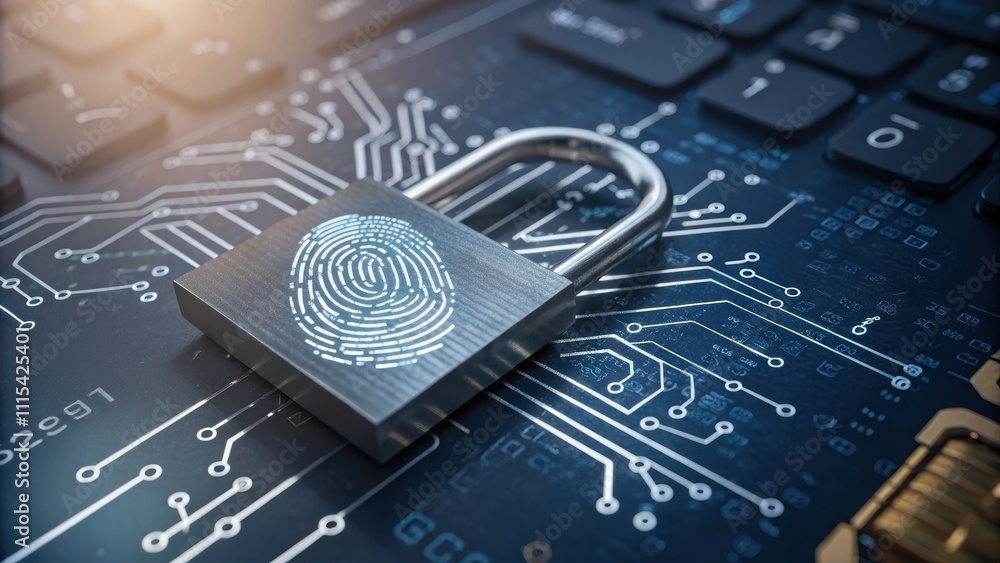 Aufkleber fingerprint biometric threat and cybersecurity concept. digital lock on circuit board with fingerpri