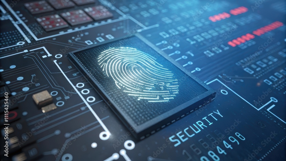 Aufkleber fingerprint biometric threat and cybersecurity concept. digital fingerprint on a circuit board repre