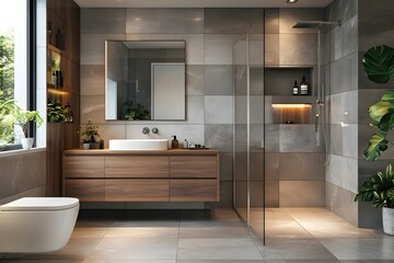 Modern Bathroom Design with Wooden Accents, Glass Shower Enclosure, and Built-in Shelving for a Stylish and Functional Space.