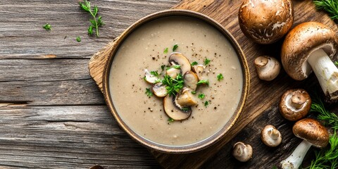 Delicious mushroom soup displayed on a rustic wooden table. This top view captures the inviting appearance of mushroom soup, making it a perfect addition to any culinary collection.