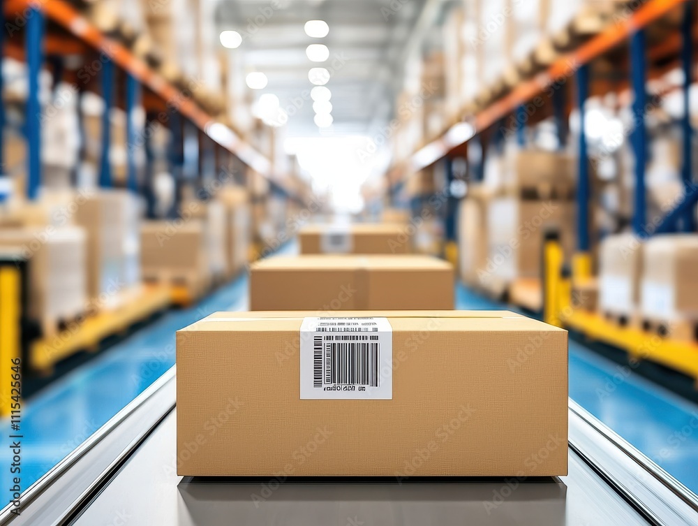 Poster warehouse management automation barcoding concept. cardboard box on conveyor in a warehouse with she