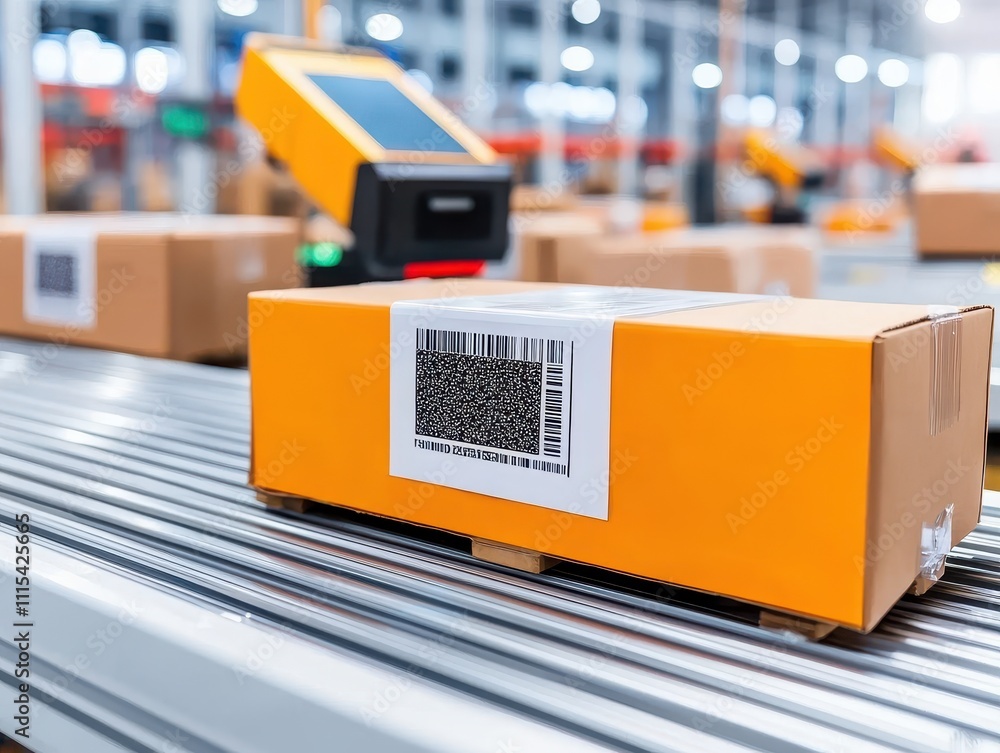 Poster warehouse management automation barcoding concept. a package with a barcode on a conveyor belt in a 