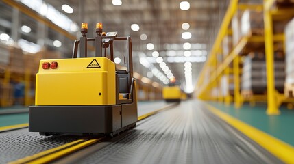 warehouse management automation barcoding Concept. A yellow industrial vehicle on a warehouse floor with shelves in the background.