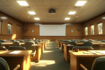 Empty lecture hall with wooden desks and projector screen.