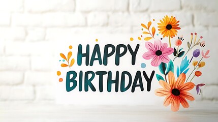A cute and simple design featuring the text "HAPPY BIRTHDAY" in a minimalistic font, presented in flat colors against a clean white background.