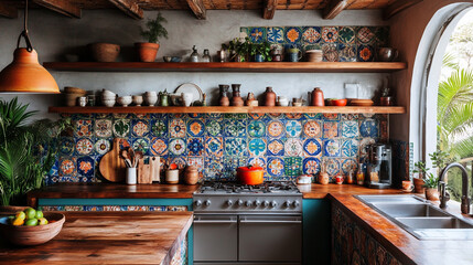 A vibrant bohemian kitchen with open shelves