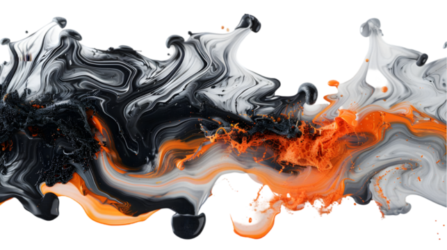 Black, Orange, Silver liquid colour mixed isolated on a transparent background