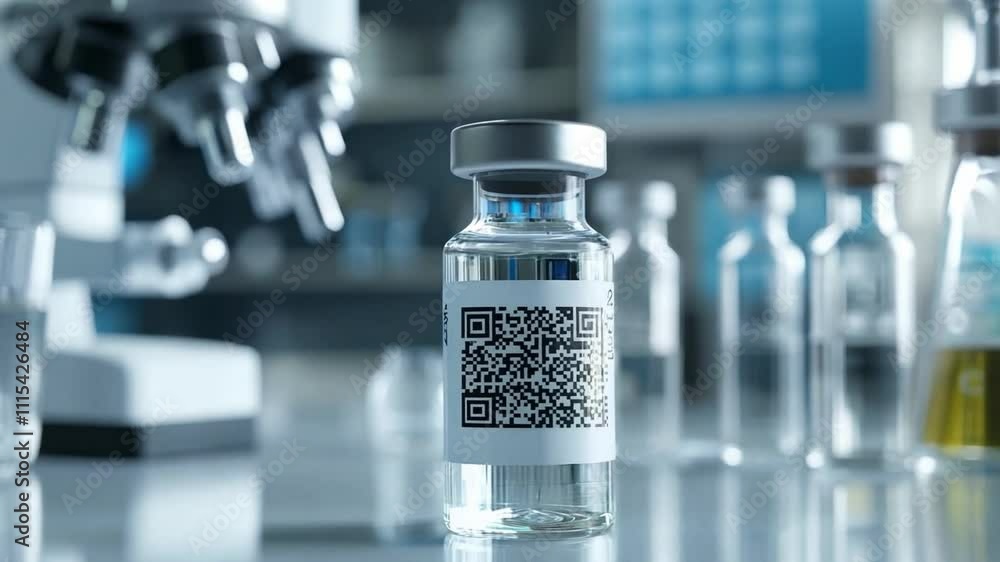 Poster laboratory setting showcasing a vial with qr code and microscope in background
