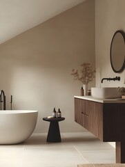 Modern Minimalist Bathroom with Freestanding Tub, Wooden Vanity, and Elegant Decor Featuring Neutral Tones and Clean Lines.