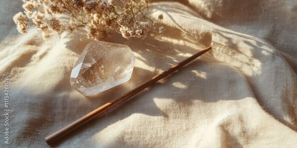 Aufkleber tuning fork and crystal resting on a fabric surface, showcasing the harmony between the tuning fork 