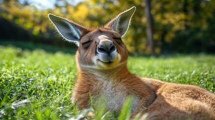 Relaxed Red Kangaroo Resting in Lush Green Grassland