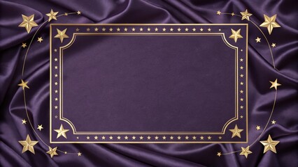 Golden frame mockup with stars on purple silk background, perfect for award ceremony, movie premiere, or other special event invitations or announcements